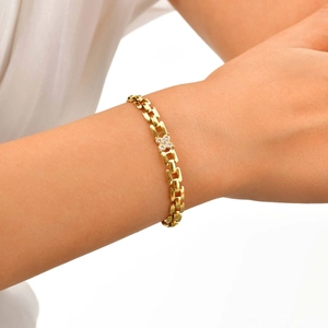 Women 18K gold-plated stainless steel watchband chain bracelet with white crystal flower