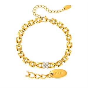 Women's 18K gold-plated stainless steel watchband chain bracelet with white crystal clover