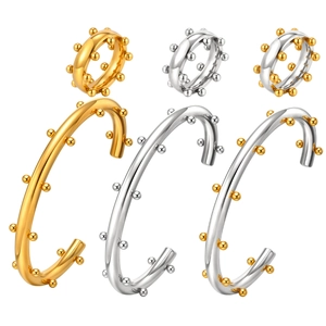 Conjunto de brazalete y anillo geométricos de acero inoxidable pulido con cuentas oro y plata