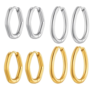Women's gold and silver U-shaped stainless steel earrings in geometric oval designs