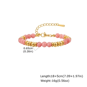 Detail of pink crystal beaded bracelet with gold stainless steel lobster clasp and chain