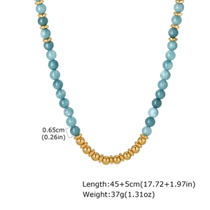 Detail of beaded stone necklace showing 0.65cm blue beads and gold steel balls