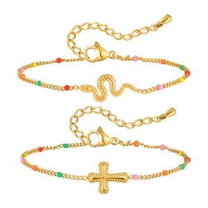 Gold stainless steel colorful enamel bead bracelets with snake and cross charms for women