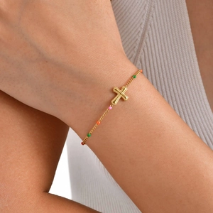 Golden stainless steel cross bracelet with colorful enamel beads for women's fashion