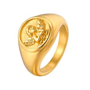 Polished 18K gold stainless steel cupid angel signet ring for women with vintage relief