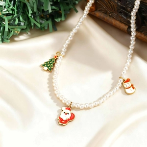 Collier de perles de Noël avec pendentifs Père Noël bonhomme de neige et sapin doré