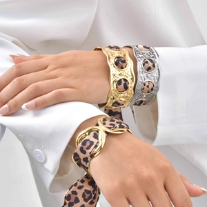 Golden and silver hollow round open bracelets with leopard print silk scarf cuff style