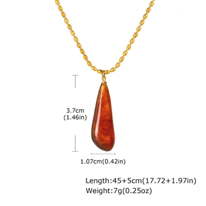 Detailed view of amber resin teardrop necklace with golden bead chain and size specs