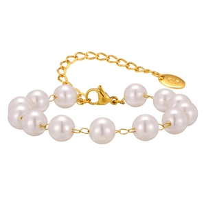 Elegant gold stainless steel bracelet with ten lustrous round pearls and K18 tag detail