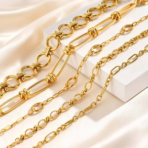 Five styles of 18K gold plated stainless steel chunky chain bracelets on champagne satin fabric