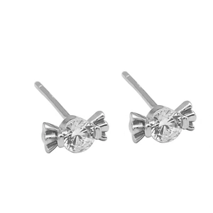 Miniature candy-shaped stud earrings featuring clear zircon stones and silver metal