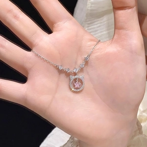 925 Sterling Silver Cat Pendant Necklace Pink Zircon Star Inlaid Clavicle Chain Light Luxury Cute Jewelry For Women Gift