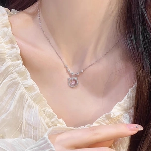S925 silver cat head necklace with a pink star-shaped crystal pendant for women