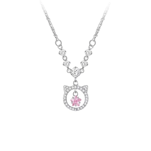 S925 silver kitten necklace with pink star crystal pendant and sparkling zircon accents