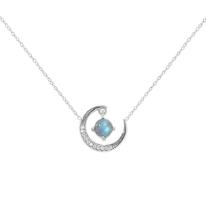 S925 silver crescent moon necklace with labradorite bead and sparkling zircon accents