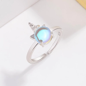 Adjustable S925 sterling silver unicorn moonstone ring with sparkling crystal details