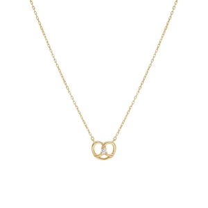 Gold pretzel pendant necklace with crystal inlay on a minimalist stainless steel chain