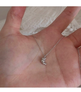 Macro shot of a silver croissant pendant with realistic layered texture on a thin chain