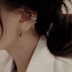 Three-layer zircon heart ear cuffs and earrings set in silver for non-pierced ears