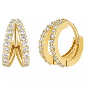 Pendientes de aro asimétricos de doble fila dorados con circonitas y plata S925