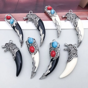 Ethnic tibetan silver tooth pendants with wolf head carvings and colorful inlaid beads