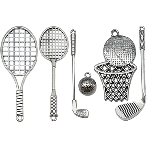 Antique silver sports charm set with golf, tennis, and badminton pendants for DIY jewelry