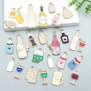 Detailed set of colorful enamel wine and drink bottle pendants with gold alloy edges
