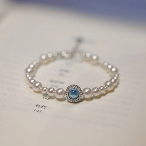 French Style 925 Sterling Silver Artificial Pearl Bracelet For Women Elegant Blue Zirconia Round Pendant Adjustable Chain Bracelet Jewelry