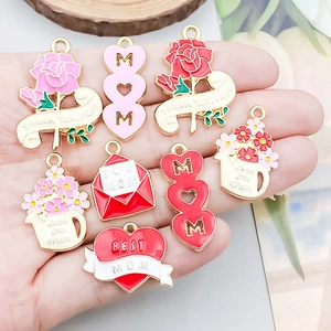 Pink heart carnation flower pendants for Mother's Day DIY jewelry in alloy and enamel