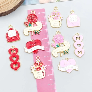 Pink enamel Mother's Day charms set with heart and flower shapes for DIY jewelry