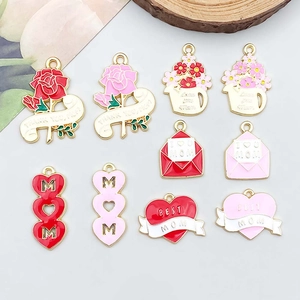 Pink heart and flower enamel alloy charms for Mother's Day DIY jewelry making