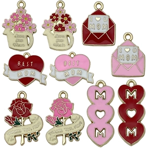 Pink heart and carnation enamel charms for Mother's Day DIY jewelry making