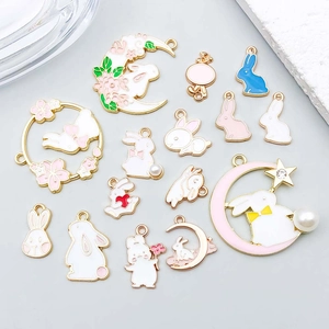 Cute bunny moon alloy pendants for DIY necklaces and bracelets with pink enamel