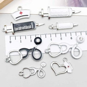 Enamel medical charms set including stethoscope and syringe for DIY jewelry making