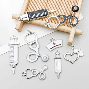 Silver alloy medical charms set with syringe, stethoscope and nurse hat for DIY jewelry