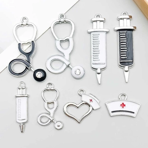 Zinc Alloy Enamel Medical Pendants Stethoscope Syringe Nurse Hat DIY Jewelry Accessories Charms Rhinestone Inlay For Nurse