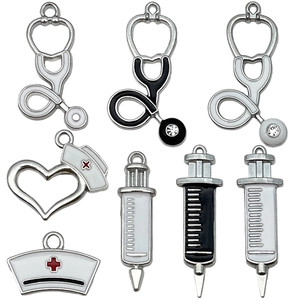 DIY medical jewelry pendants set with stethoscope, nurse hat and syringe charms