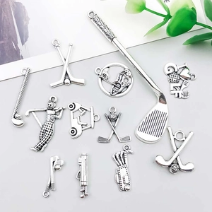 Silver golf charm set with golfer, clubs, and bag for DIY bracelets and necklaces