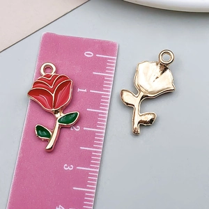 Red rose enamel flower charm pendant size measurement with metric ruler scale