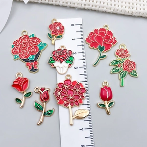 Red enamel rose tulip flower charms for DIY jewelry making with gold-plated alloy