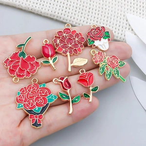 Red enamel rose flower charms with gold edges for DIY necklaces and bracelets