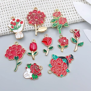Red rose and tulip flower alloy enamel pendants for DIY bracelets and necklaces