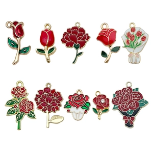 Golden alloy floral pendants with colorful enamel featuring roses and bouquets