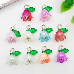 Acrylic Lily Of The Valley Flower Pendant Charm With Imitation Artificial Pearl Metal Ring For DIY Necklace Earring Making Accessories