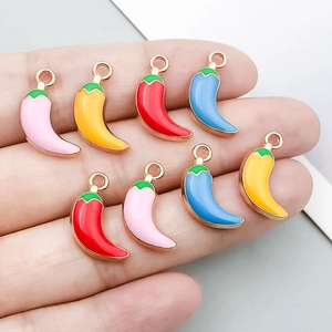 Set of 8 colorful enamel chili pendants in gold plating for DIY jewelry making