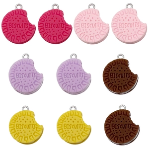 Colorful resin biscuit charms with 'BISCUITS' engraving and metal rings for DIY jewelry