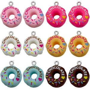 Set of 12 colorful resin donut charms with chocolate text for DIY jewelry making