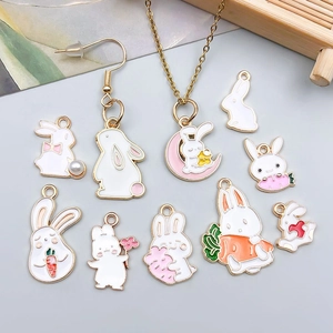 Cute white enamel bunny charms and cartoon rabbit jewelry set with gold alloy finish