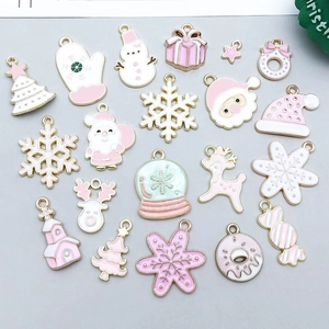 Pink and white enamel Christmas charms set in gold alloy for DIY jewelry making