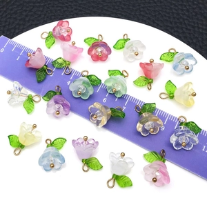Colorful translucent lily of the valley flower pendants with green leaves and gold loops